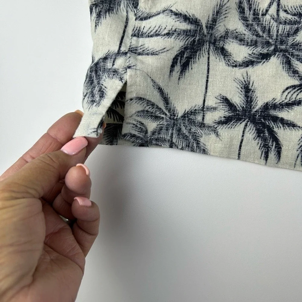 STO Men's Linen Cotton Hawaiian Shirt Palm‎ Tree Print Beige Black Size L